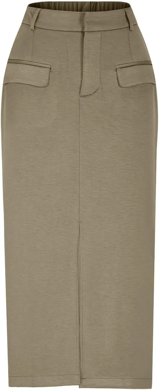 Women High Waisted Cargo Midi Skirt Trendy Spring Summer Pencil Slit Dressy Casual Business Work Long Skirts Y2k Ruched Skirt
