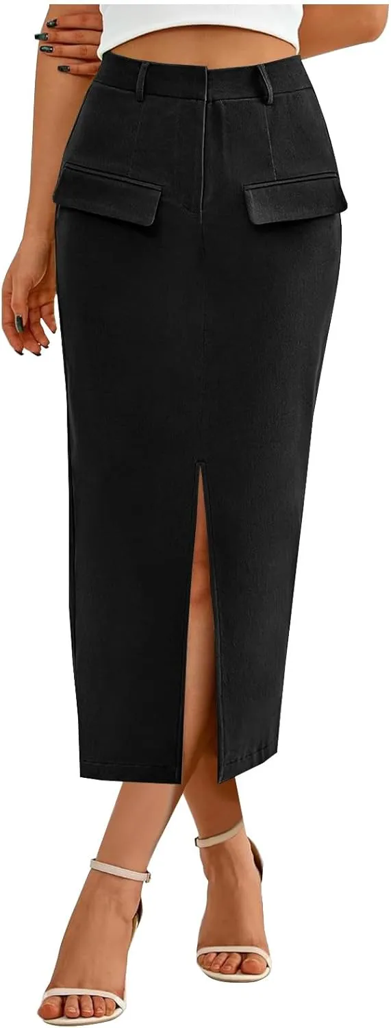 Women High Waisted Cargo Midi Skirt Trendy Spring Summer Pencil Slit Dressy Casual Business Work Long Skirts Y2k Ruched Skirt