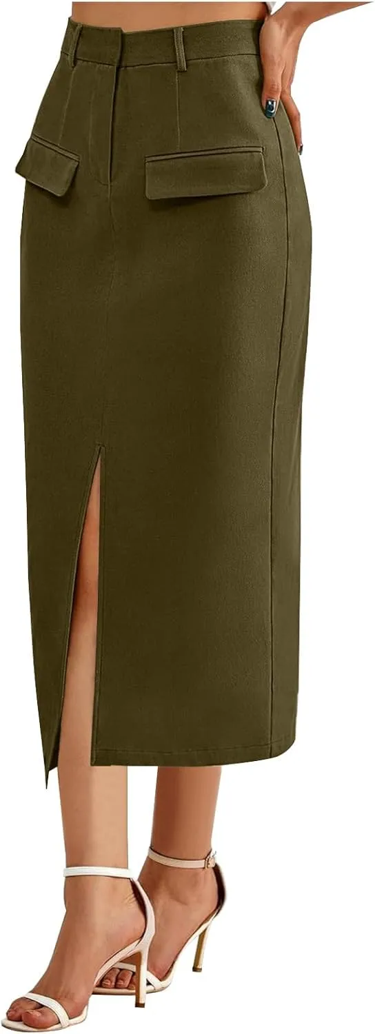 Women High Waisted Cargo Midi Skirt Trendy Spring Summer Pencil Slit Dressy Casual Business Work Long Skirts Y2k Ruched Skirt