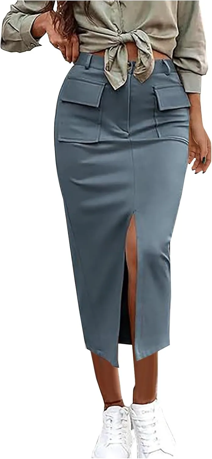 Women High Waisted Cargo Midi Skirt Trendy Spring Summer Pencil Slit Dressy Casual Business Work Long Skirts Y2k Ruched Skirt