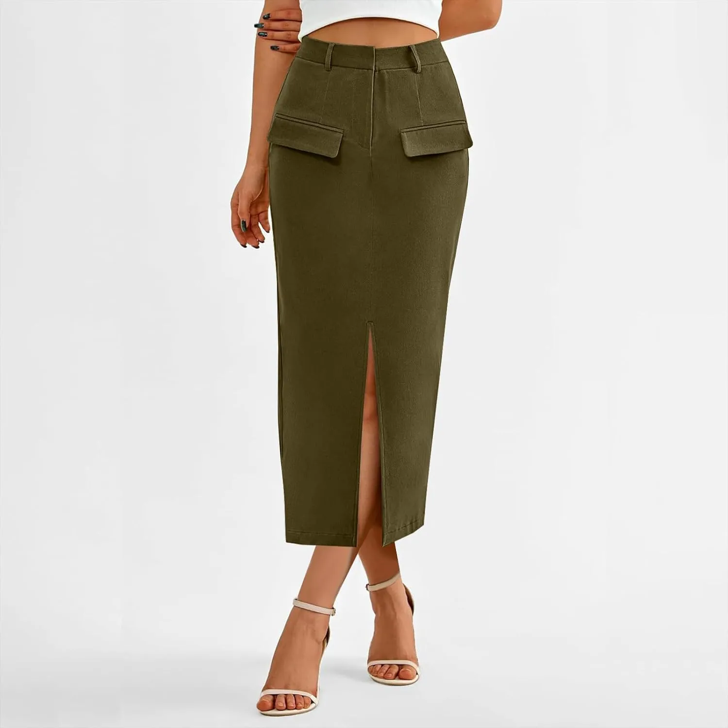 Women High Waisted Cargo Midi Skirt Trendy Spring Summer Pencil Slit Dressy Casual Business Work Long Skirts Y2k Ruched Skirt