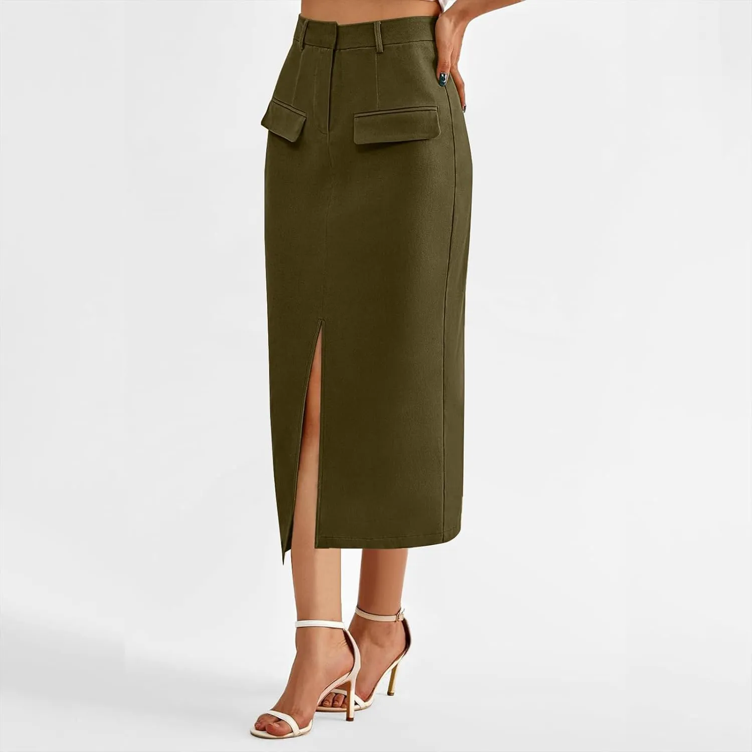 Women High Waisted Cargo Midi Skirt Trendy Spring Summer Pencil Slit Dressy Casual Business Work Long Skirts Y2k Ruched Skirt