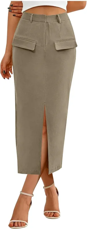 Women High Waisted Cargo Midi Skirt Trendy Spring Summer Pencil Slit Dressy Casual Business Work Long Skirts Y2k Ruched Skirt