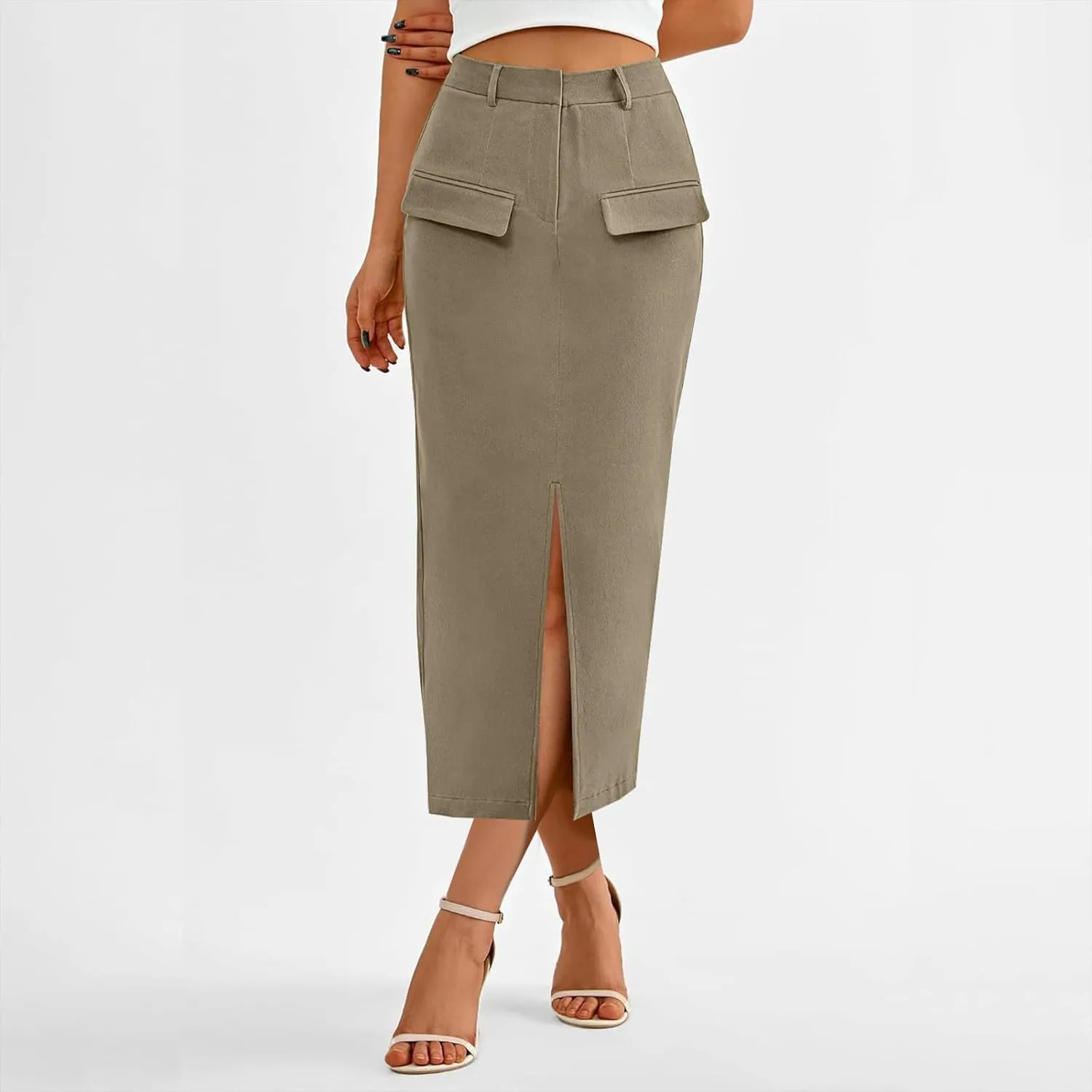 Women High Waisted Cargo Midi Skirt Trendy Spring Summer Pencil Slit Dressy Casual Business Work Long Skirts Y2k Ruched Skirt