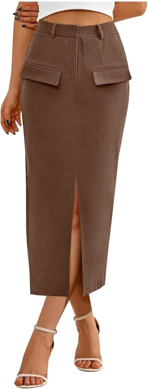 Women High Waisted Cargo Midi Skirt Trendy Spring Summer Pencil Slit Dressy Casual Business Work Long Skirts Y2k Ruched Skirt