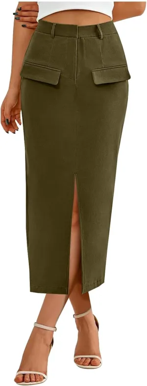 Women High Waisted Cargo Midi Skirt Trendy Spring Summer Pencil Slit Dressy Casual Business Work Long Skirts Y2k Ruched Skirt
