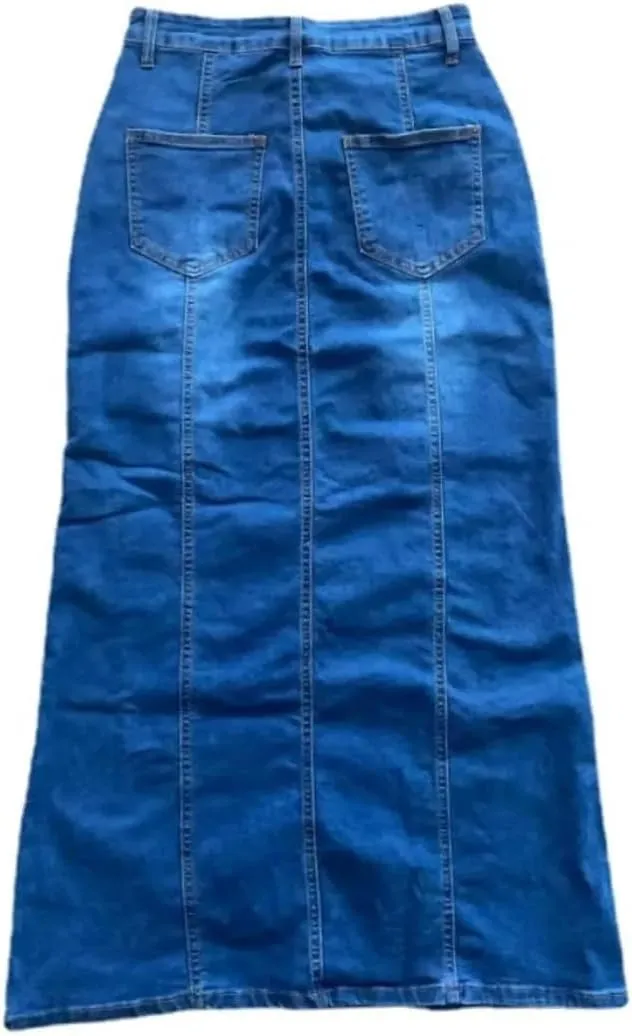 Women High Waisted Retro Blue Fashion Skinny Denim Skirts Button Pocket Skirts Female Elasticity Denim Skirts