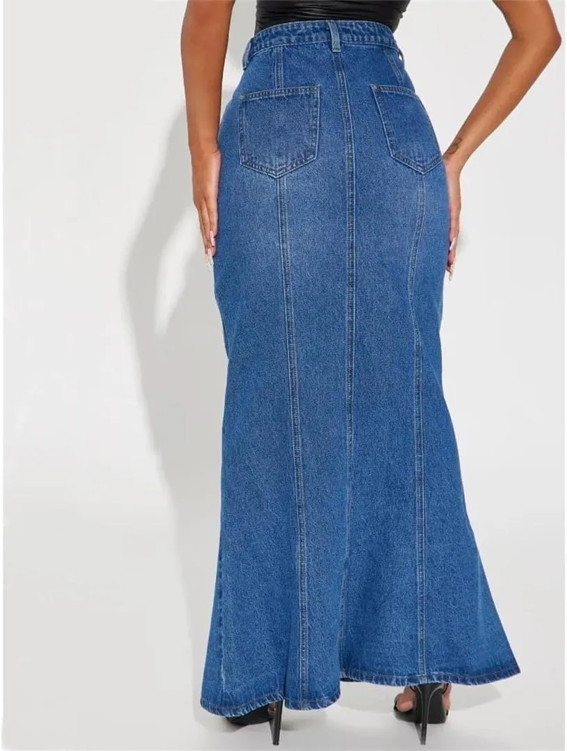 Women High Waisted Retro Blue Fashion Skinny Denim Skirts Button Pocket Skirts Female Elasticity Denim Skirts