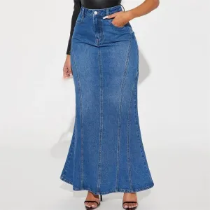 Women High Waisted Retro Blue Fashion Skinny Denim Skirts Button Pocket Skirts Female Elasticity Denim Skirts