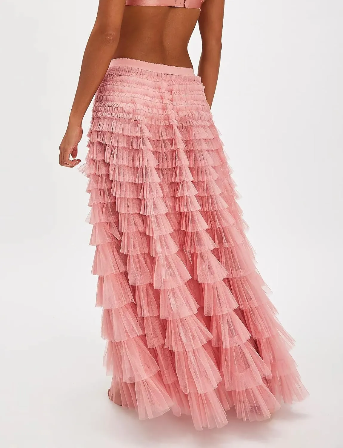 Women Lace Layered Long Skirts Elastic Waist Ruffle Flowy Maxi Slip Skirts See Through Pleated Tulle Skirts