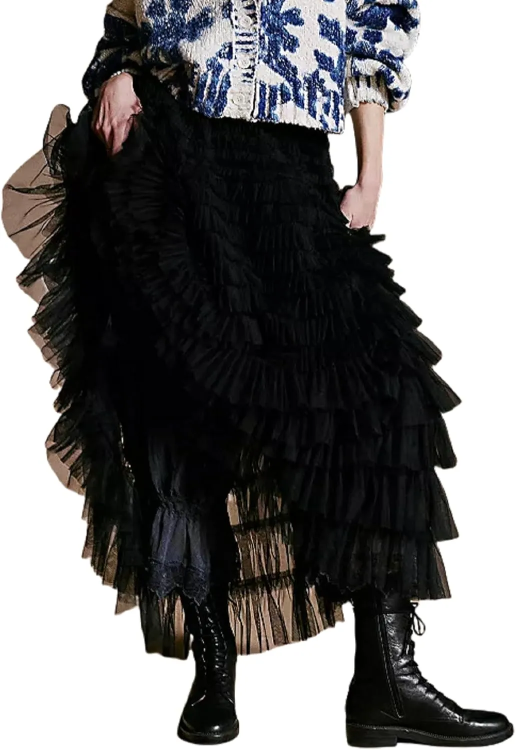 Women Lace Layered Long Skirts Elastic Waist Ruffle Flowy Maxi Slip Skirts See Through Pleated Tulle Skirts