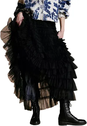 Women Lace Layered Long Skirts Elastic Waist Ruffle Flowy Maxi Slip Skirts See Through Pleated Tulle Skirts