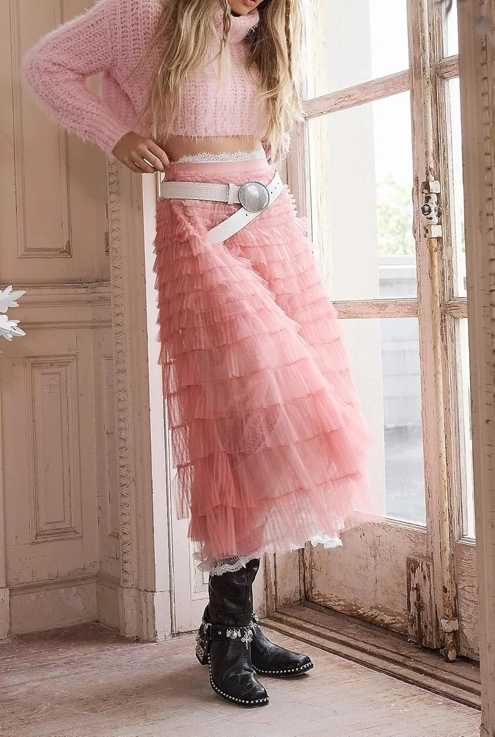 Women Lace Layered Long Skirts Elastic Waist Ruffle Flowy Maxi Slip Skirts See Through Pleated Tulle Skirts