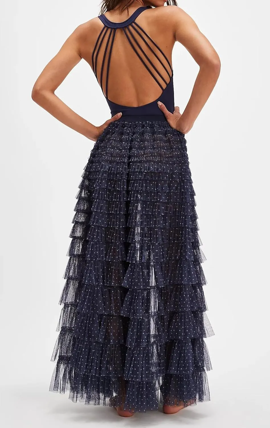 Women Lace Layered Long Skirts Elastic Waist Ruffle Flowy Maxi Slip Skirts See Through Pleated Tulle Skirts