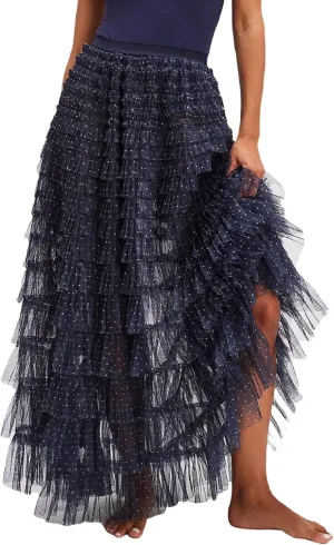 Women Lace Layered Long Skirts Elastic Waist Ruffle Flowy Maxi Slip Skirts See Through Pleated Tulle Skirts