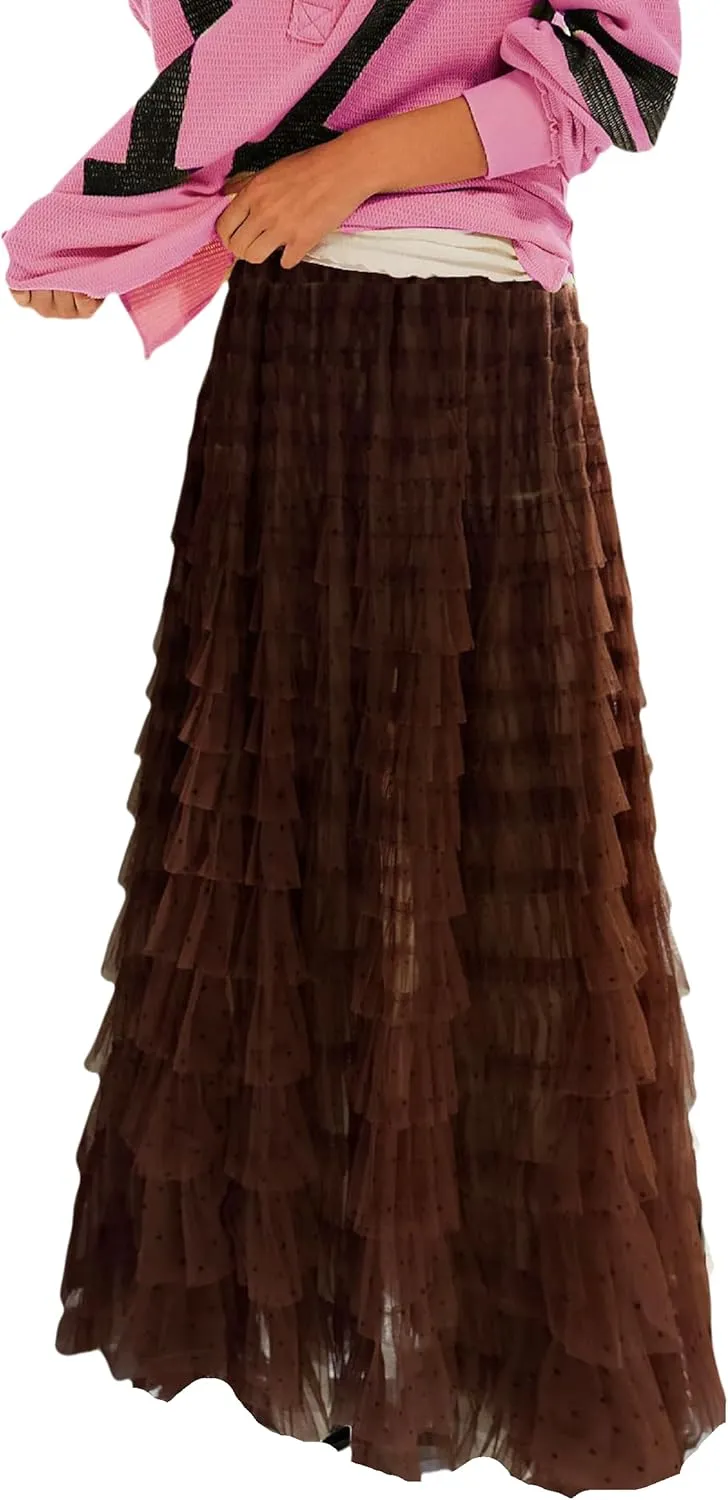 Women Lace Layered Long Skirts Elastic Waist Ruffle Flowy Maxi Slip Skirts See Through Pleated Tulle Skirts