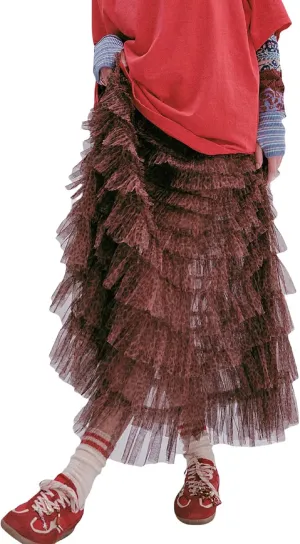 Women Lace Layered Long Skirts Elastic Waist Ruffle Flowy Maxi Slip Skirts See Through Pleated Tulle Skirts