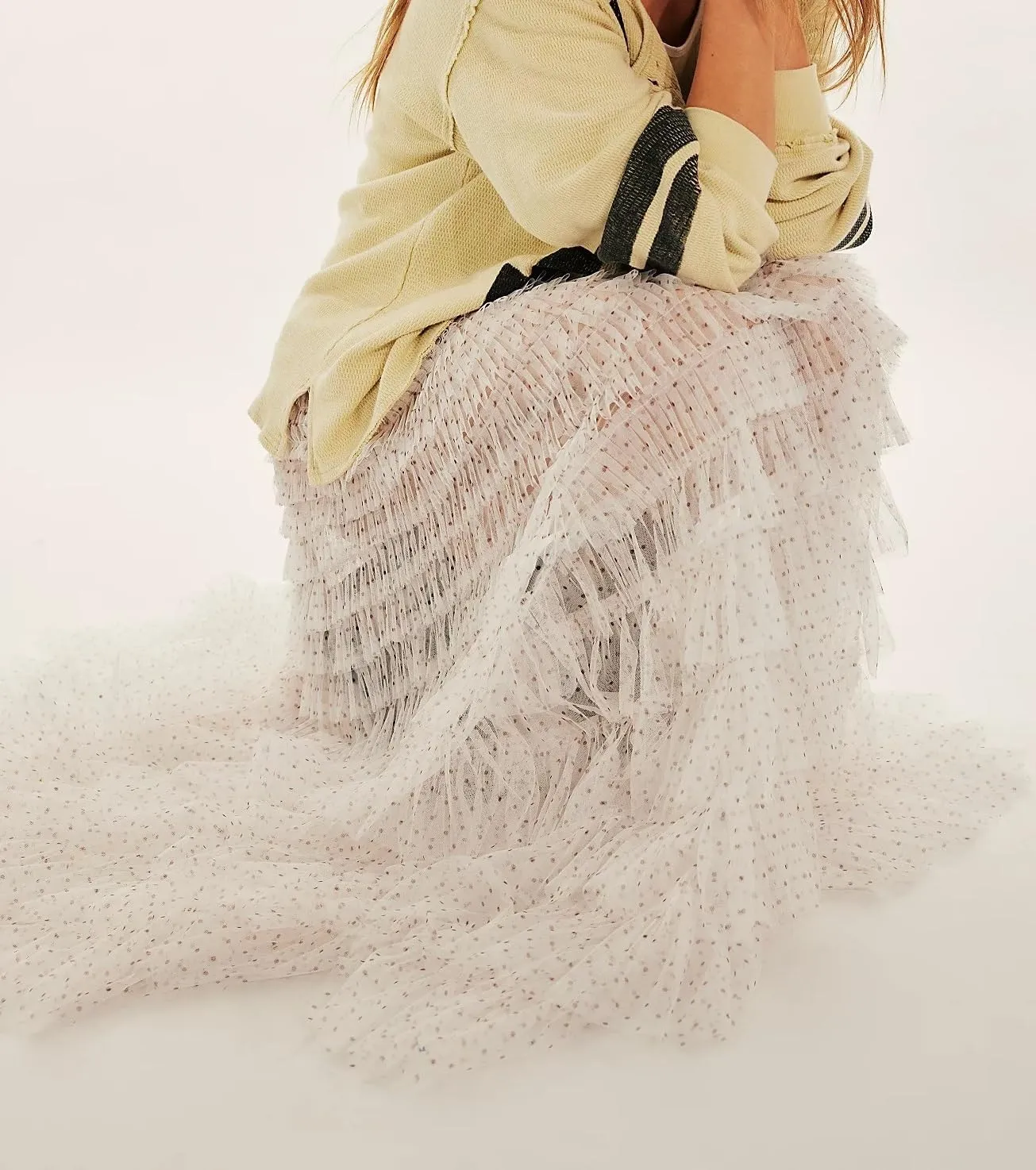Women Lace Layered Long Skirts Elastic Waist Ruffle Flowy Maxi Slip Skirts See Through Pleated Tulle Skirts