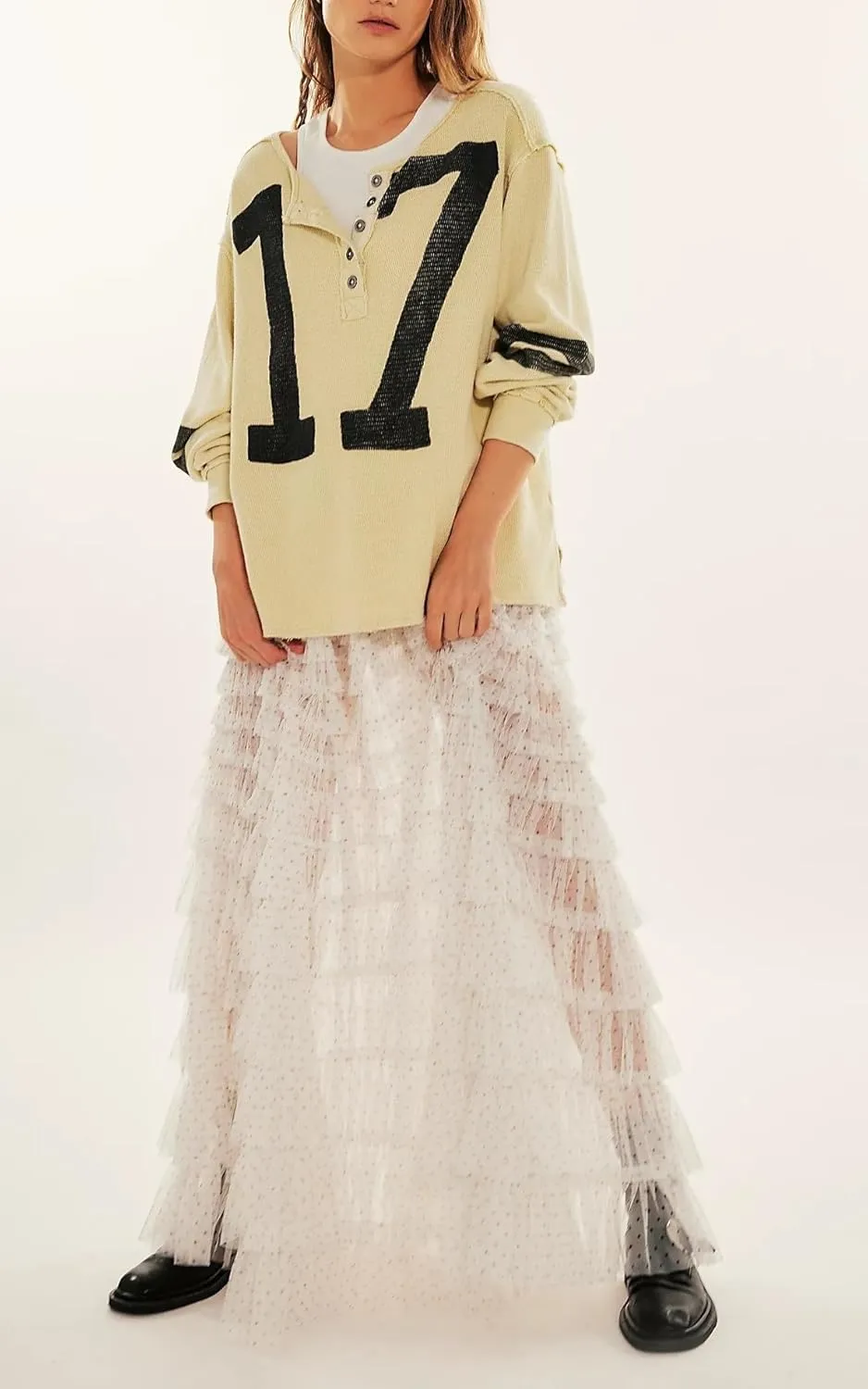 Women Lace Layered Long Skirts Elastic Waist Ruffle Flowy Maxi Slip Skirts See Through Pleated Tulle Skirts