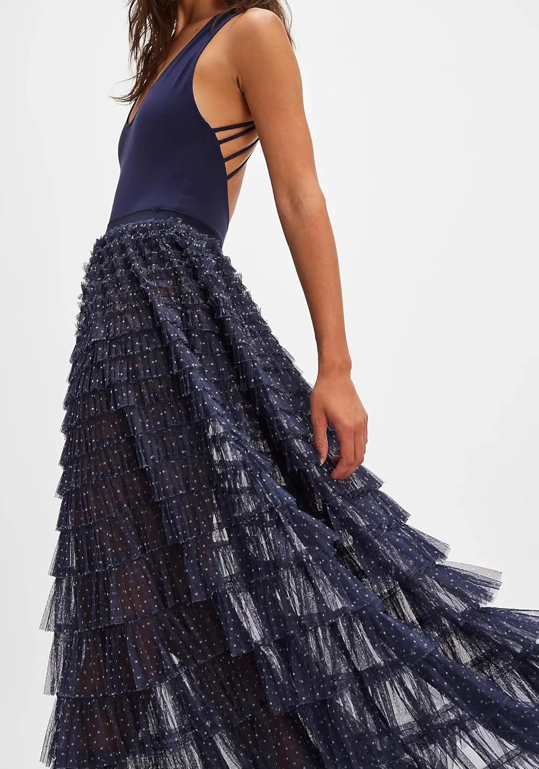Women Lace Layered Long Skirts Elastic Waist Ruffle Flowy Maxi Slip Skirts See Through Pleated Tulle Skirts