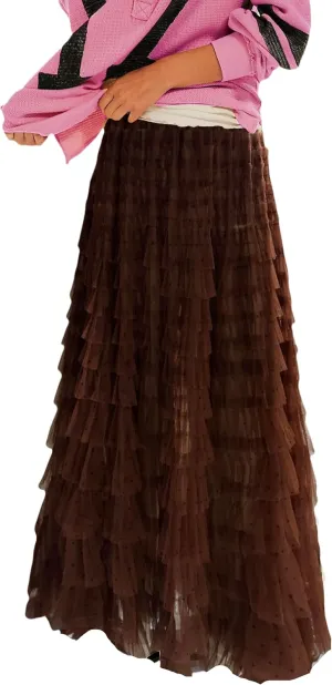 Women Lace Layered Long Skirts Elastic Waist Ruffle Flowy Maxi Slip Skirts See Through Pleated Tulle Skirts