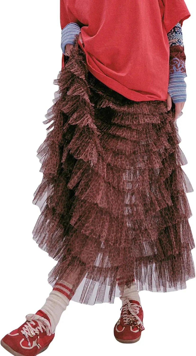 Women Lace Layered Long Skirts Elastic Waist Ruffle Flowy Maxi Slip Skirts See Through Pleated Tulle Skirts