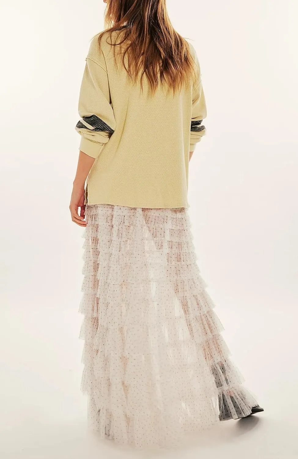 Women Lace Layered Long Skirts Elastic Waist Ruffle Flowy Maxi Slip Skirts See Through Pleated Tulle Skirts