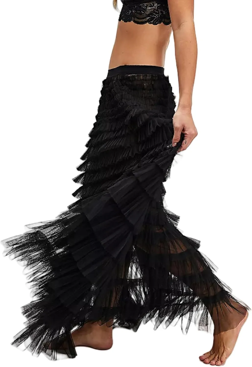 Women Lace Layered Long Skirts Elastic Waist Ruffle Flowy Maxi Slip Skirts See Through Pleated Tulle Skirts