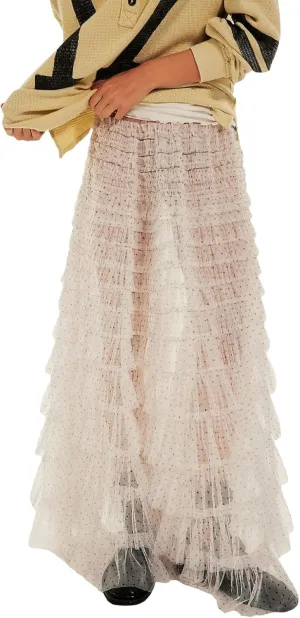Women Lace Layered Long Skirts Elastic Waist Ruffle Flowy Maxi Slip Skirts See Through Pleated Tulle Skirts