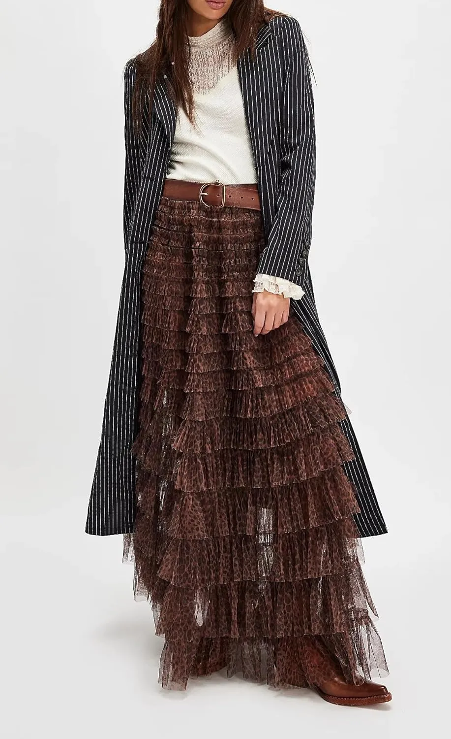 Women Lace Layered Long Skirts Elastic Waist Ruffle Flowy Maxi Slip Skirts See Through Pleated Tulle Skirts