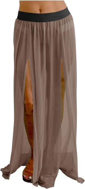 Women Maxi 2 Slit Skirts Chiffon Pleated Retro Long Elastic Waist Beach Cover-ups
