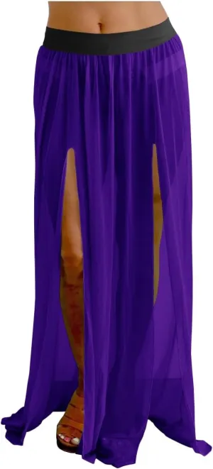 Women Maxi 2 Slit Skirts Chiffon Pleated Retro Long Elastic Waist Beach Cover-ups