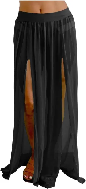 Women Maxi 2 Slit Skirts Chiffon Pleated Retro Long Elastic Waist Beach Cover-ups