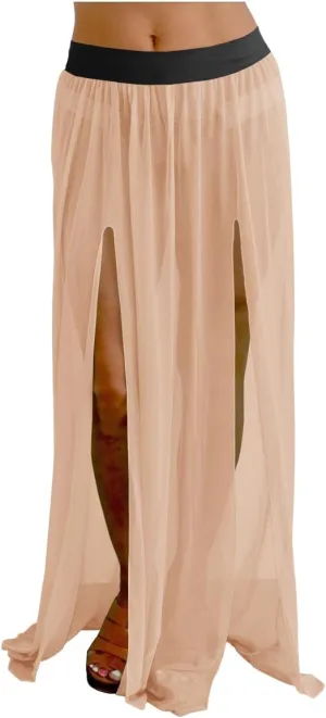 Women Maxi 2 Slit Skirts Chiffon Pleated Retro Long Elastic Waist Beach Cover-ups