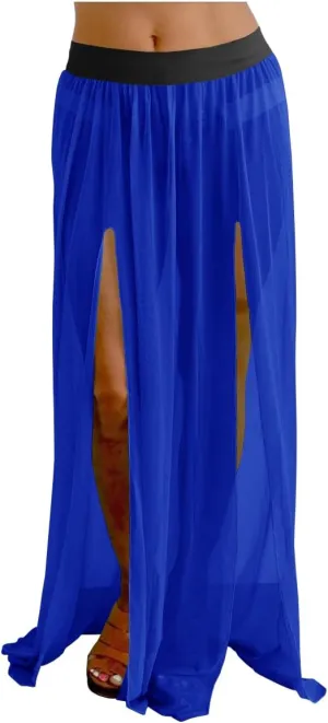 Women Maxi 2 Slit Skirts Chiffon Pleated Retro Long Elastic Waist Beach Cover-ups