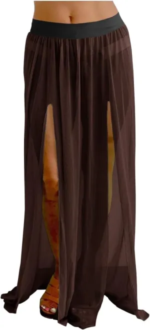 Women Maxi 2 Slit Skirts Chiffon Pleated Retro Long Elastic Waist Beach Cover-ups