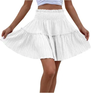 Women Pleated Summer Skirts Elastic Waist Casual Ruffle Mini Skirt Trendy Solid Bohemian Beach Vacation Skirts