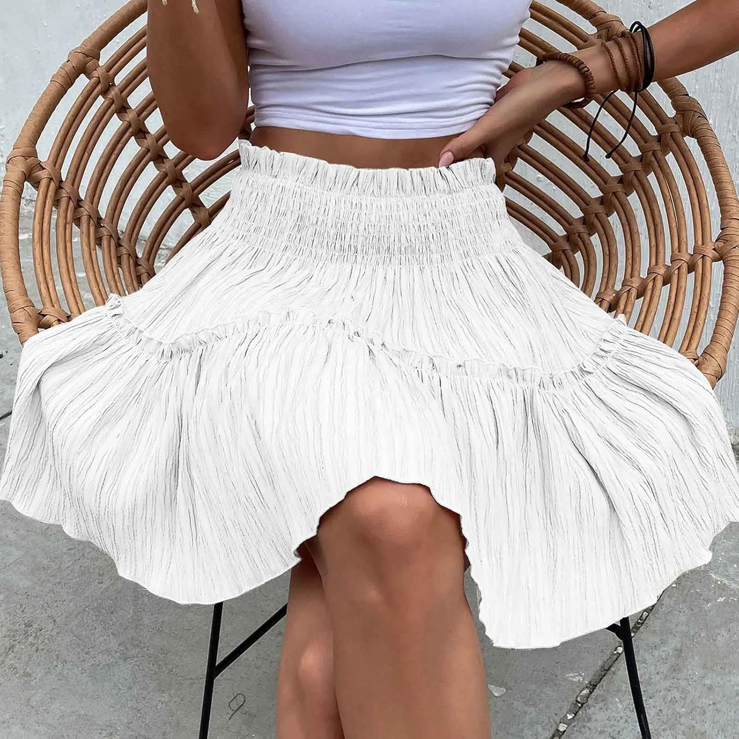 Women Pleated Summer Skirts Elastic Waist Casual Ruffle Mini Skirt Trendy Solid Bohemian Beach Vacation Skirts