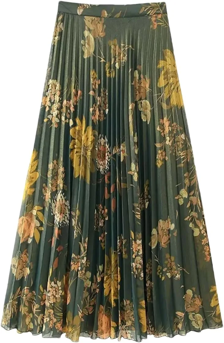 Women Printed Pleated Side Zipper Midi Skirt Vintage High Waist Skirts