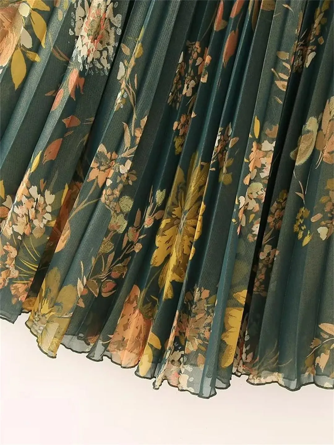 Women Printed Pleated Side Zipper Midi Skirt Vintage High Waist Skirts