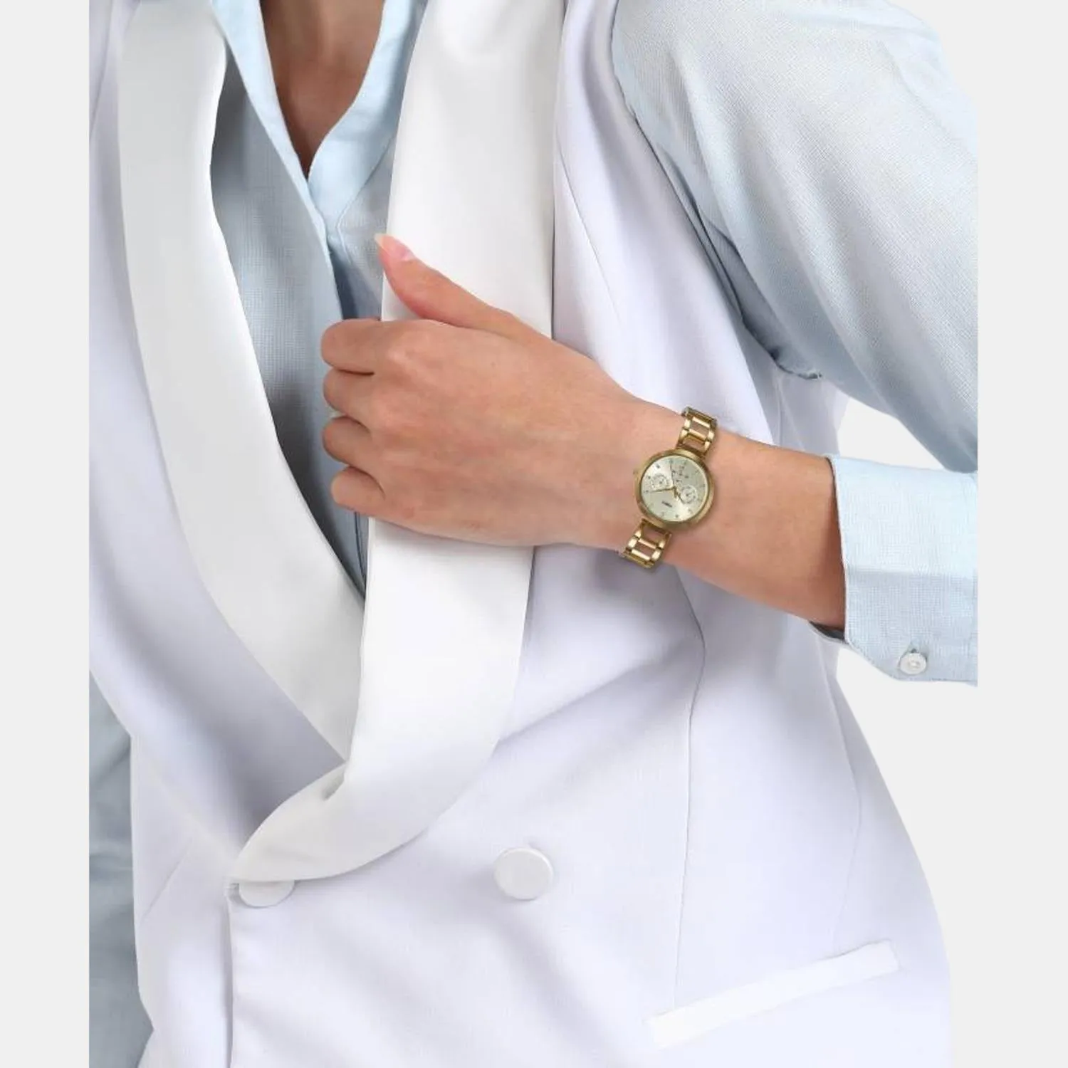 Women Quartz Champagne Dial Multi-Function Stainless Steel Watch TW000X208