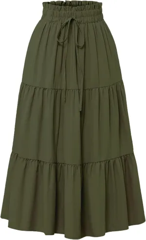 Women Renaissance Long Skirt Cottagecore Elastic High Waist Tiered Skirts for Ren Faire