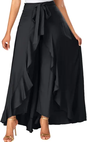 Women Ruffle Pants with Skirt Overlay High Waisted Culottes Skirt Trendy 2 in 1 Pants Skirts Flowy Lace Up Maxi Skirt