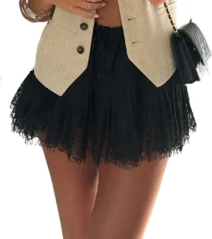 Women Satin Half Slips Low Rise Lace Trim Skirts Short Layered Underskirts Ruffle A Line Floral Lace Mini Skirts