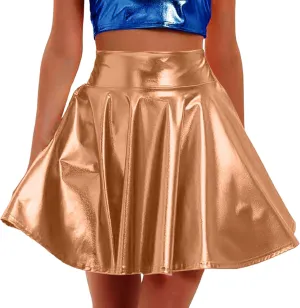 Women Shiny Metallic Skirt Flared Pleated A-Line Skater Skirts High Waisted Holographic Skirt Dance Party Nightclub