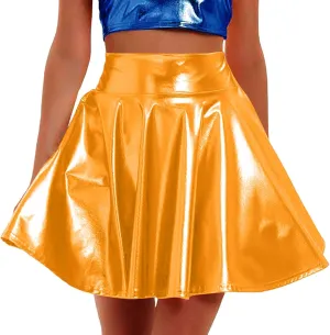Women Shiny Metallic Skirt Flared Pleated A-Line Skater Skirts High Waisted Holographic Skirt Dance Party Nightclub
