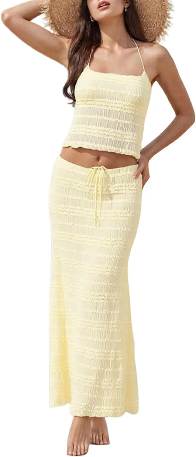 Women Summer 2 Piece Maxi Skirt Sets Y2k Halter Tie Up Backless Tops Ruffle Ruched Long Skirt Beach Vacation Outfit