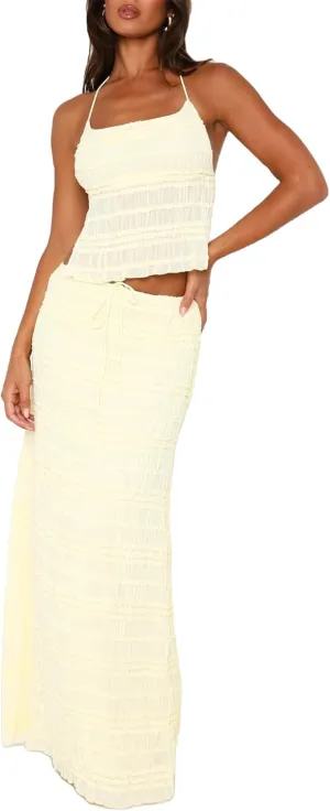 Women Summer 2 Piece Maxi Skirt Sets Y2k Halter Tie Up Backless Tops Ruffle Ruched Long Skirt Beach Vacation Outfit
