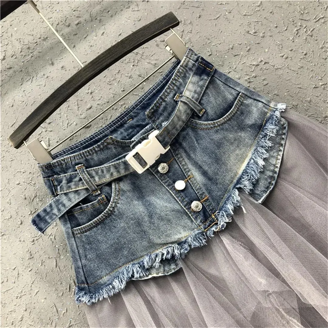 Women Summer Mini Tutu Tulle Skirt Gothic Punk High Waist Irregular Denim Skirts Mesh Patchwork Short Jeans