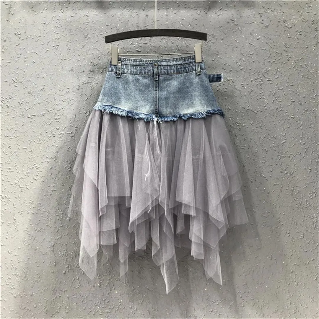 Women Summer Mini Tutu Tulle Skirt Gothic Punk High Waist Irregular Denim Skirts Mesh Patchwork Short Jeans